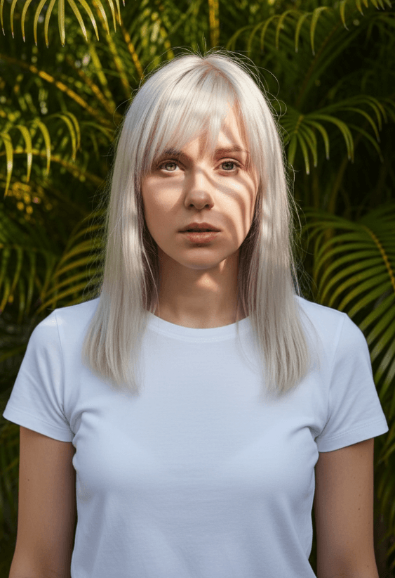 Платиновая блондинка в белой футболке под тенью пальм